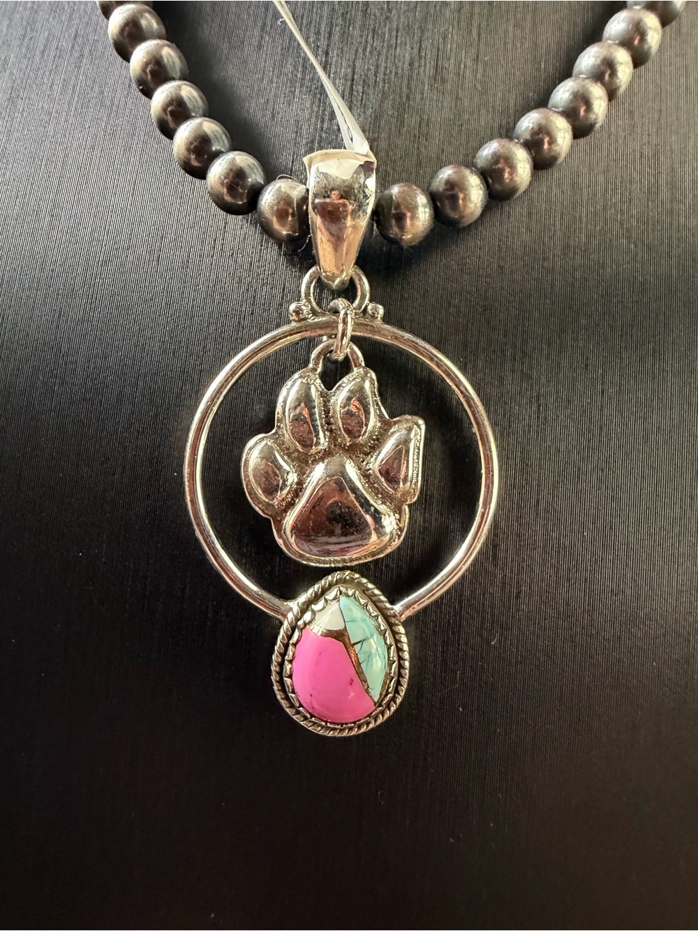 Sterling Silver Paw Print Pendant with Pink and Turquoise Cotton Candy